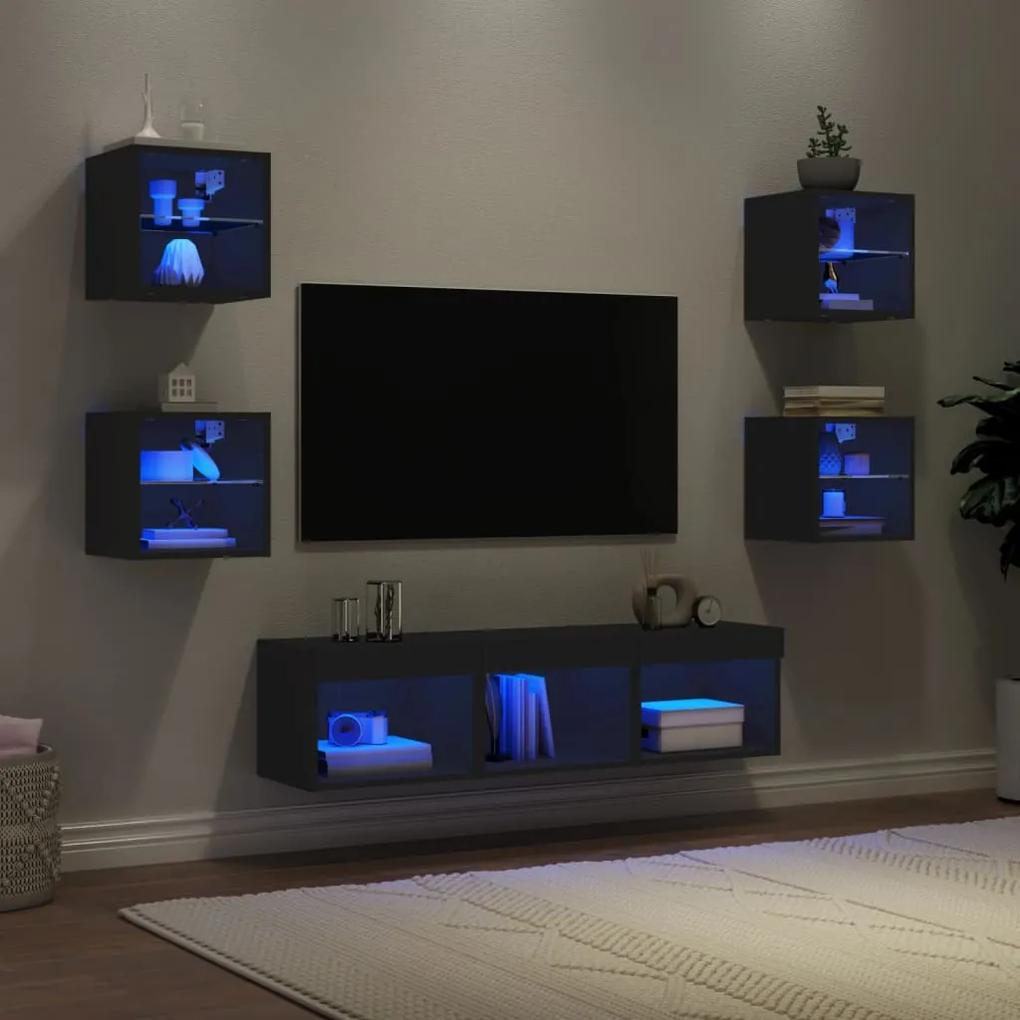 Unitati de perete TV cu LED-uri, 7 piese, negru, lemn prelucrat