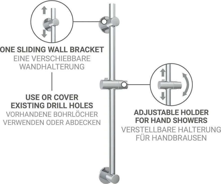 Tijă de duș argintiu-lucios autoadezivă din oțel inoxidabil 70 cm cu suport glisant – Wenko