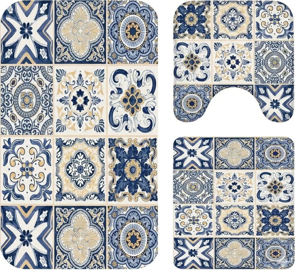 Set covoare baie antiderapante, 3 piese, model ceramic decorativ