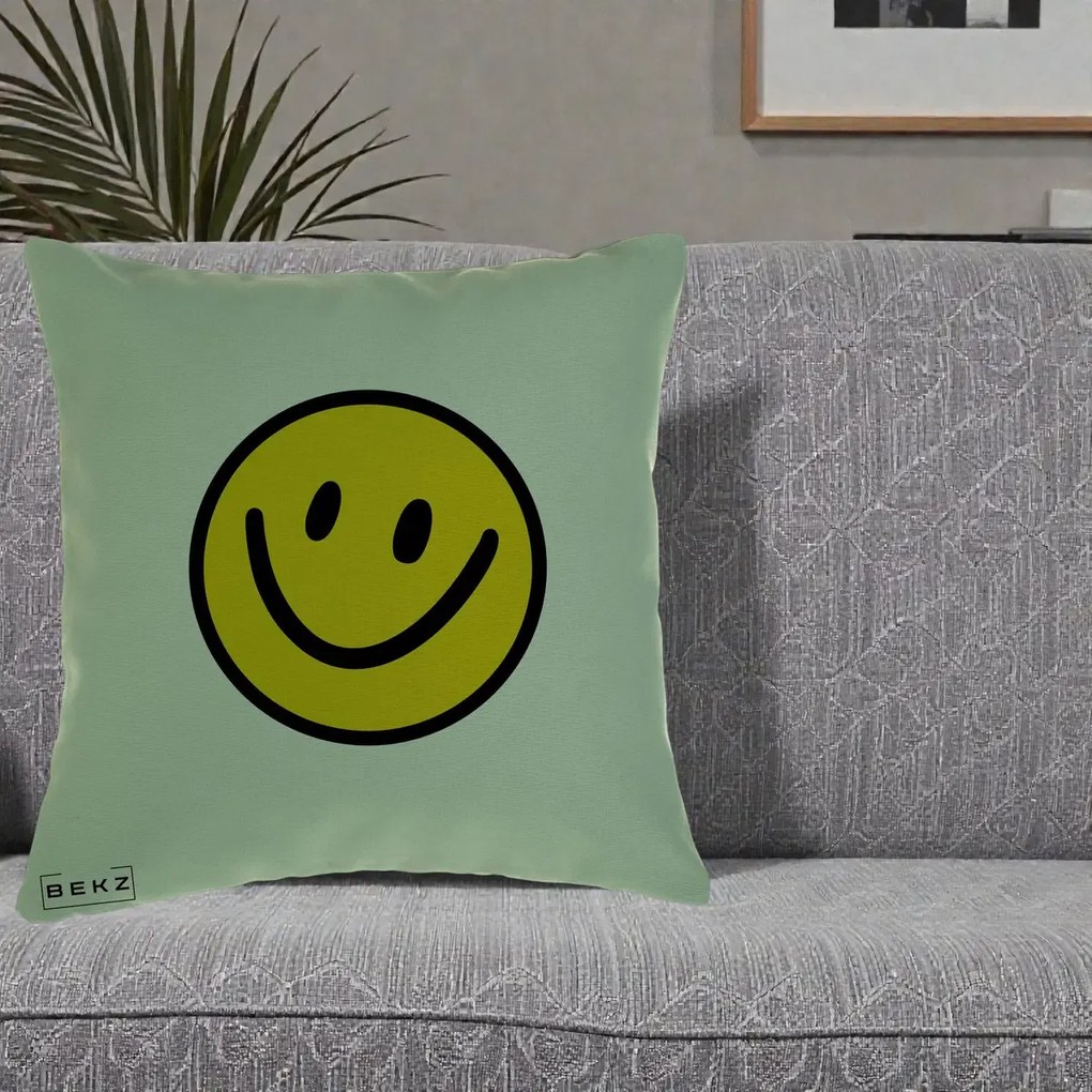 Perna Decorativa Smiley Face Galben Clasic, 40x40 cm, Verde, Husa Detasabila, Perna Inclusa, BEKZ®