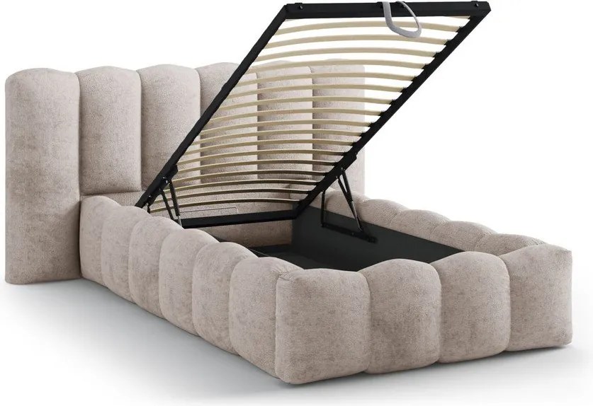 Pat maro deschis tapițat cu spațiu de depozitare cu somieră 90x200 cm Lupine – Micadoni