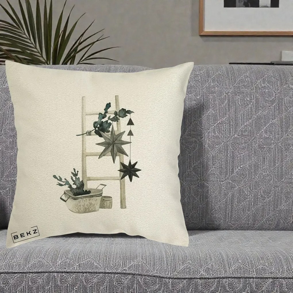 Perna Decorativa Scara Scandinavica cu Stele, 40x40 cm, Ecru, Husa Detasabila, Perna Inclusa, BEKZ®
