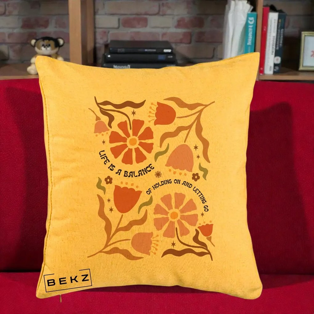 Perna Decorativa Life is a Balance Floral, 40x40 cm, Galben, Husa Detasabila, Perna Inclusa, BEKZ®