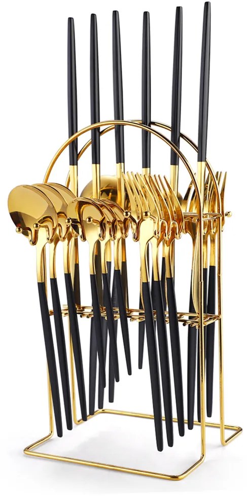 Set tacamuri portugheze, din inox 24 piese, cu suport, TRENDY’S, negru-gold