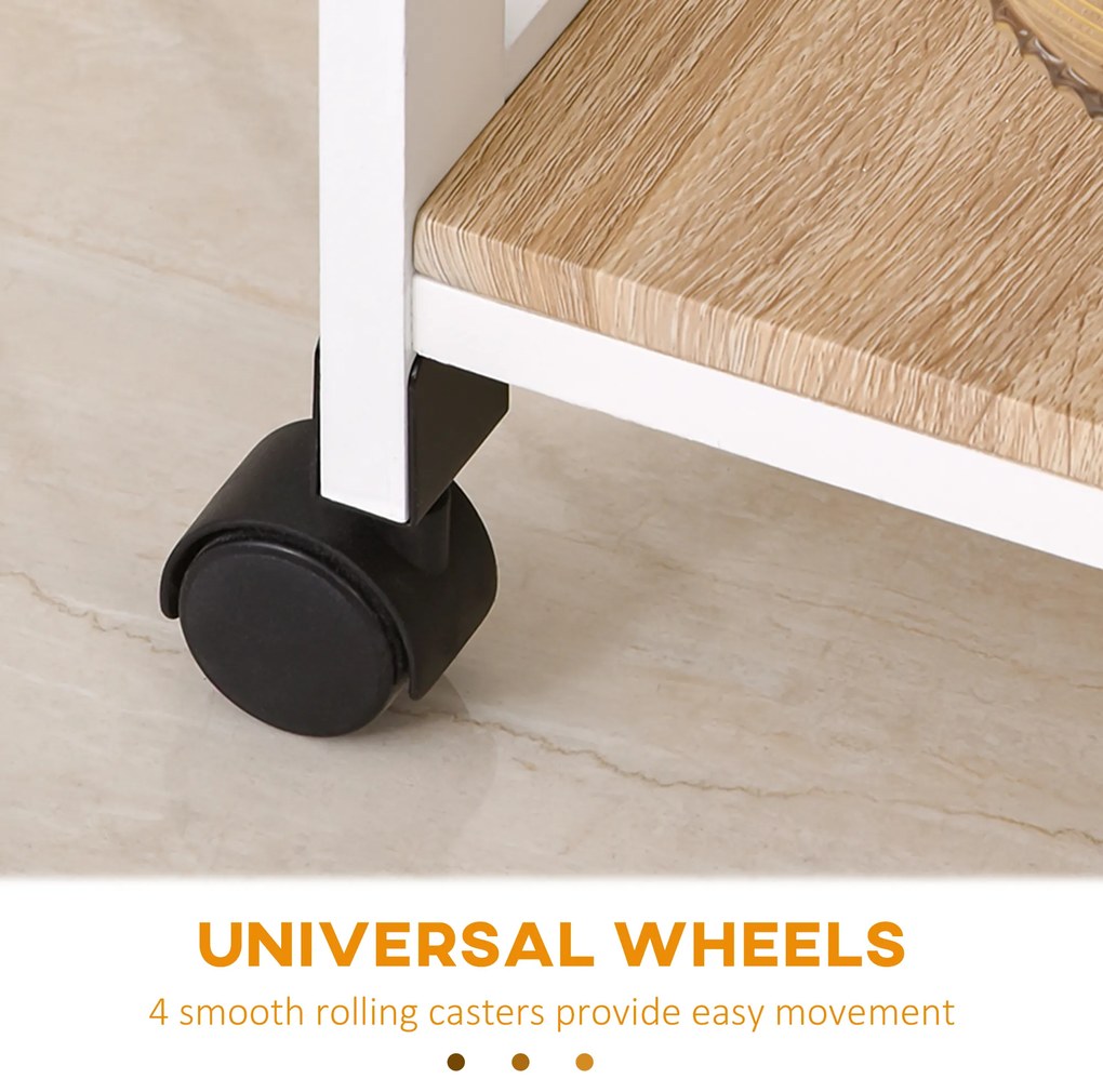 HOMCOM Serviciu de servire dulap de bucătărie cu rotile 2 rafturi, tavă detașabilă, sertar lemn de pin alb stejar luminos | Aosom Romania