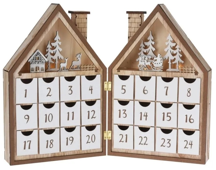 Calendar de Advent din lemn cu LED-uri Casa de Crăciun, 8x LED, 19 cm, 2x AAA