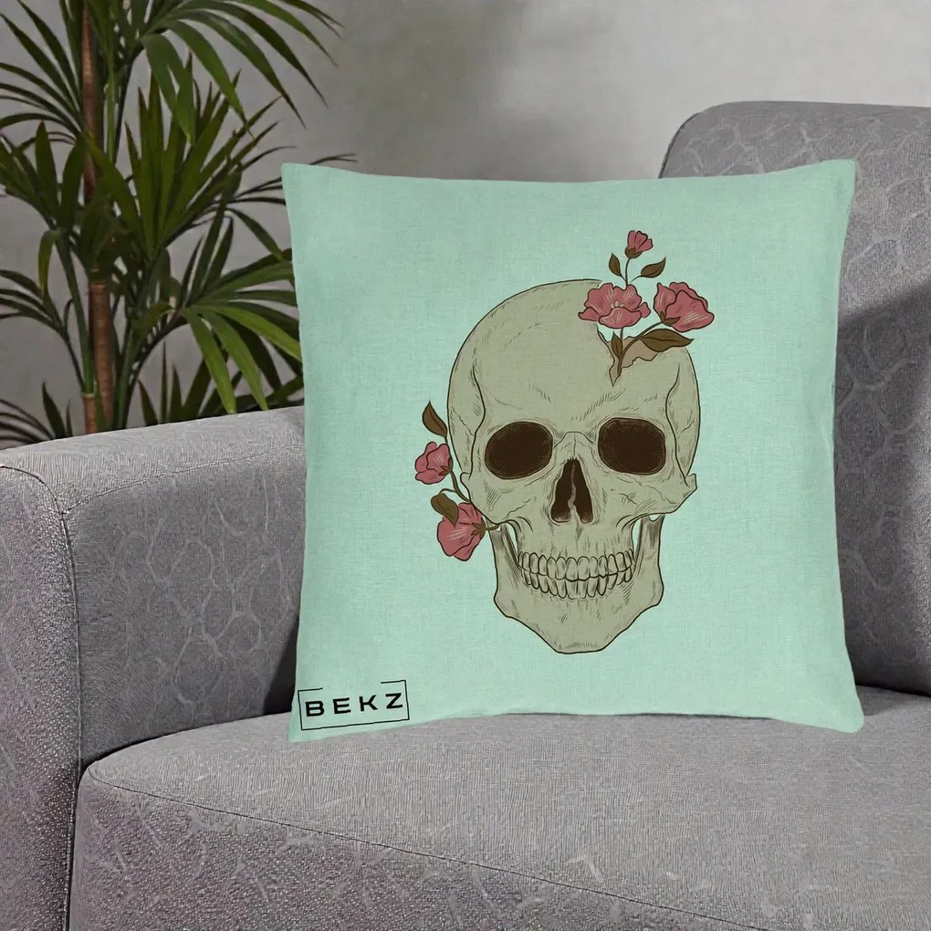 Perna Decorativa Craniu Floral Gothic, 40x40 cm, Verde Menta, Husa Detasabila, Perna Inclusa, BEKZ®