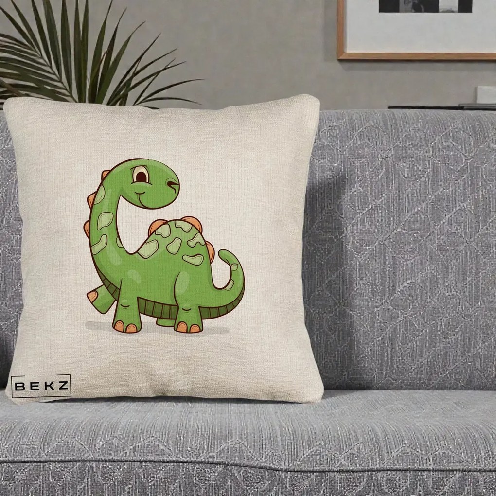 Perna Decorativa Brontosaur Verde Simpatic, 40x40 cm, Bej Canapea, Husa Detasabila, Perna Inclusa, BEKZ®