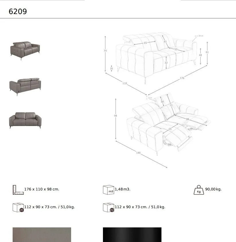 Canapea 2 locuri design italian, Functia Relax, Cowhide gri