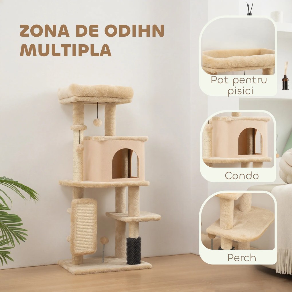 PawHut Arbore pentru Pisici Multilevel Înalt 132 cm cu Căsuță, Culcuș, Stâlpi Zgâriători, Perie și Biliță, Bej | Aosom Romania