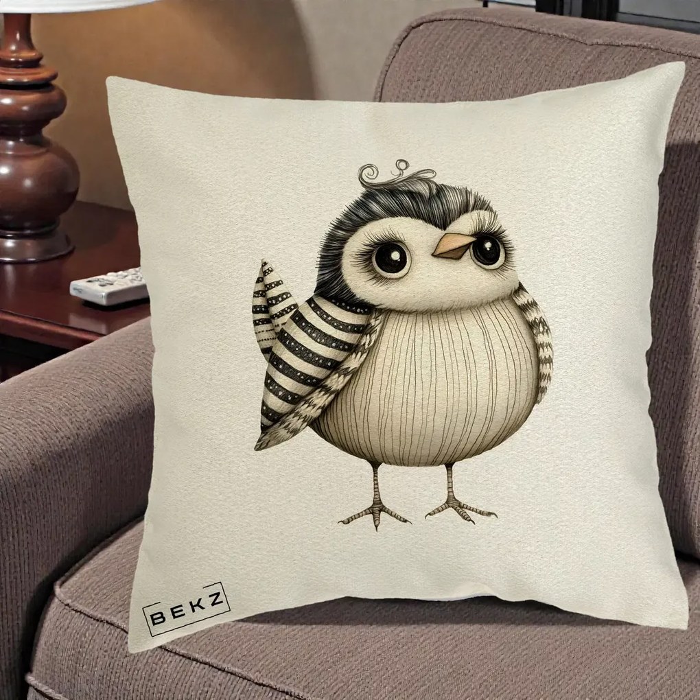 Perna Decorativa Pui Elegant Alb-Negru, 40x40 cm, Ecru, Husa Detasabila, Perna Inclusa, BEKZ®