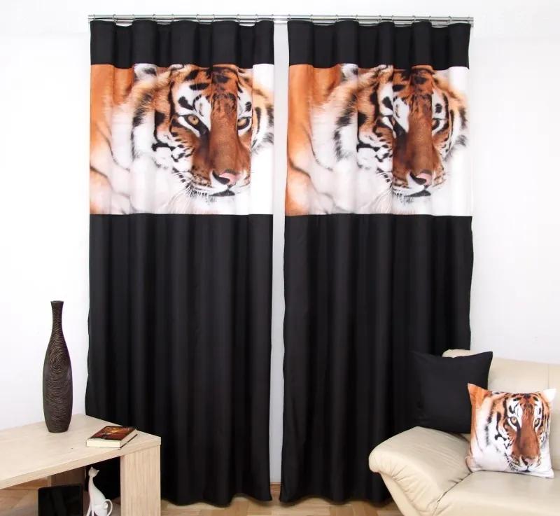 Draperie neagră 3D pentru living cu model cap de tigru Lăţime: 160 cm | Lungime: 250 cm (într-un set de 2 bucăți)