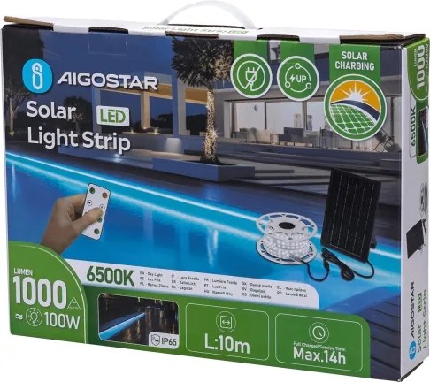 Aigostar - Bandă LED solară reglabilă, 20 W, 3,2 V, 20 m, 2700 K, IP65, cu telecomandă