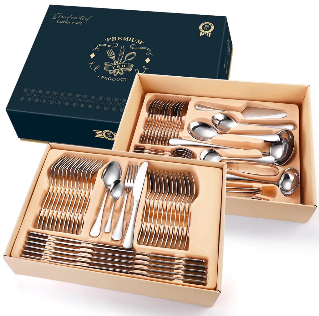 Set tacamuri din inox,72 piese cu diplomat,TRENDY’S, crom