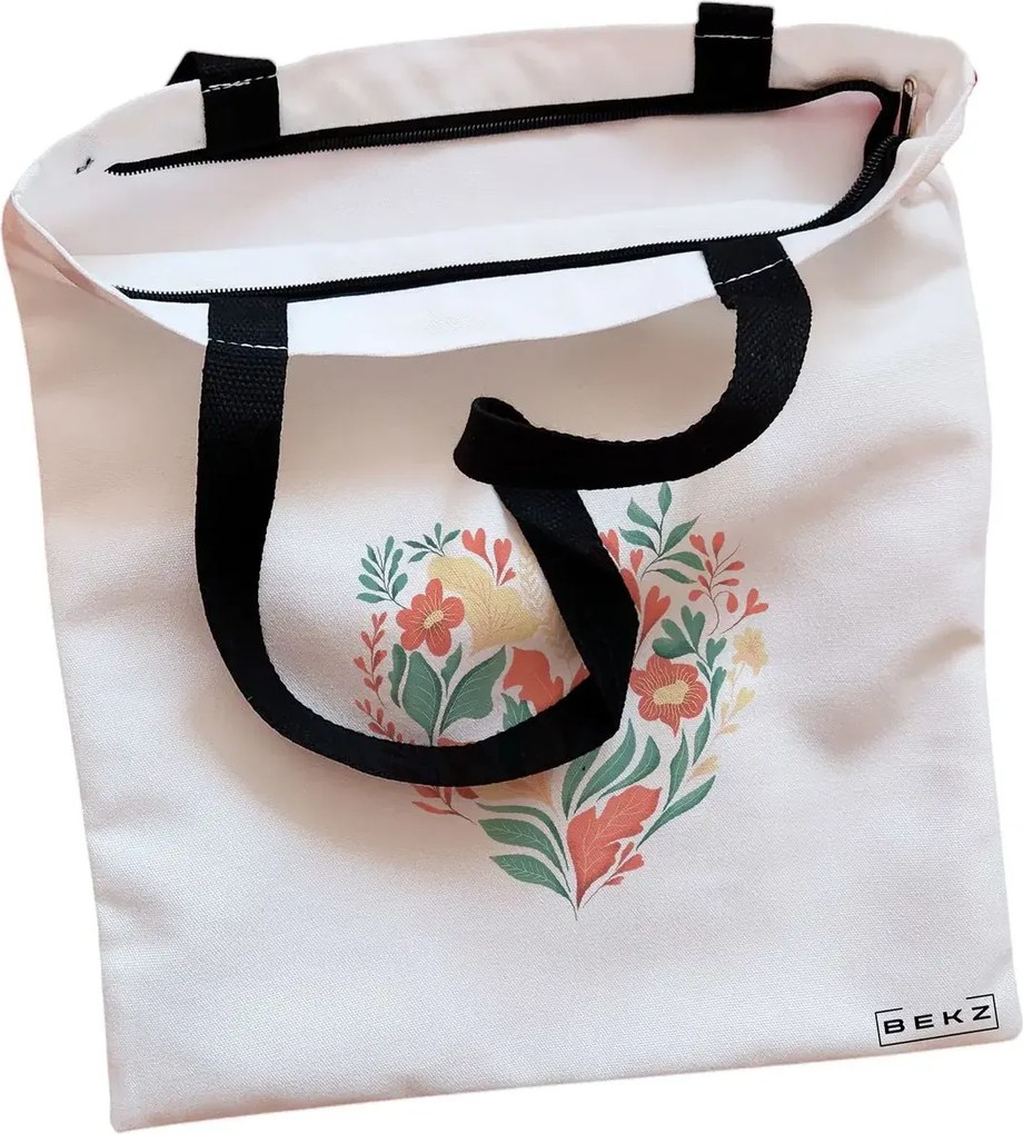 Sacosa de Panza pentru Cumparaturi, Geanta Tote, model Inima Florala, Cu fermoar, 38x34.5 cm, Alba, BEKZ®
