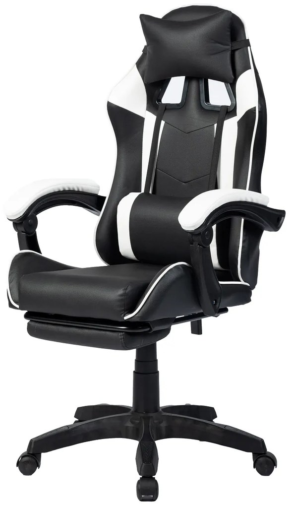 Scaun gaming, masaj în perna lombară, suport picioare, PU, Negru/Alb
