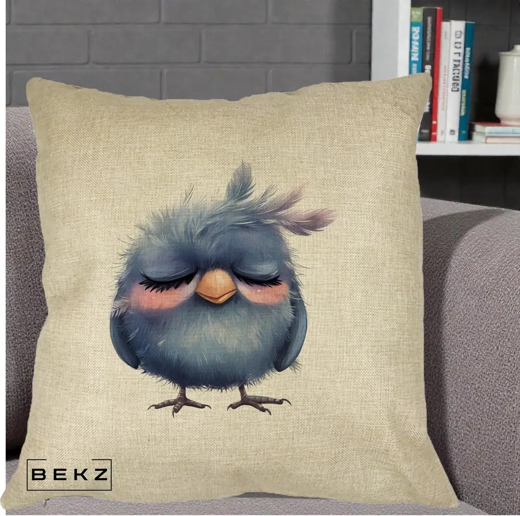 Perna Decorativa Pui Adormit Albastru, 40x40 cm, Crem, Husa Detasabila, Perna Inclusa, BEKZ®