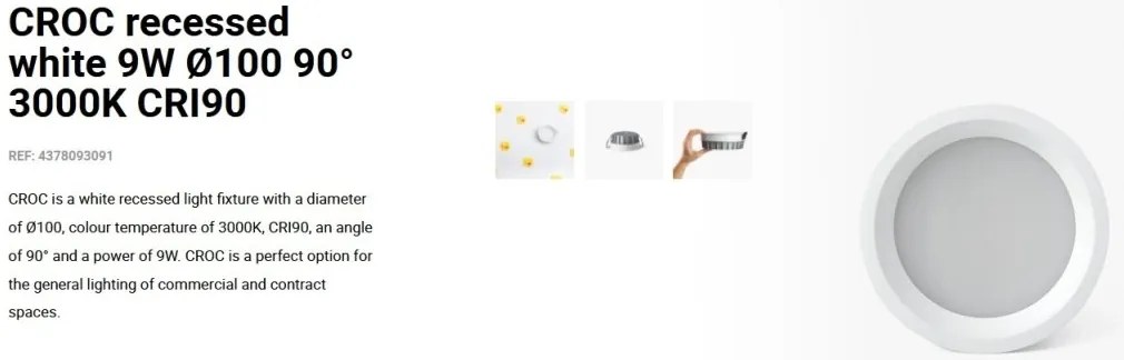 Spot LED incastrabil CROC IP44 recessed white 9W 10cm 90 grade 3000K CRI90