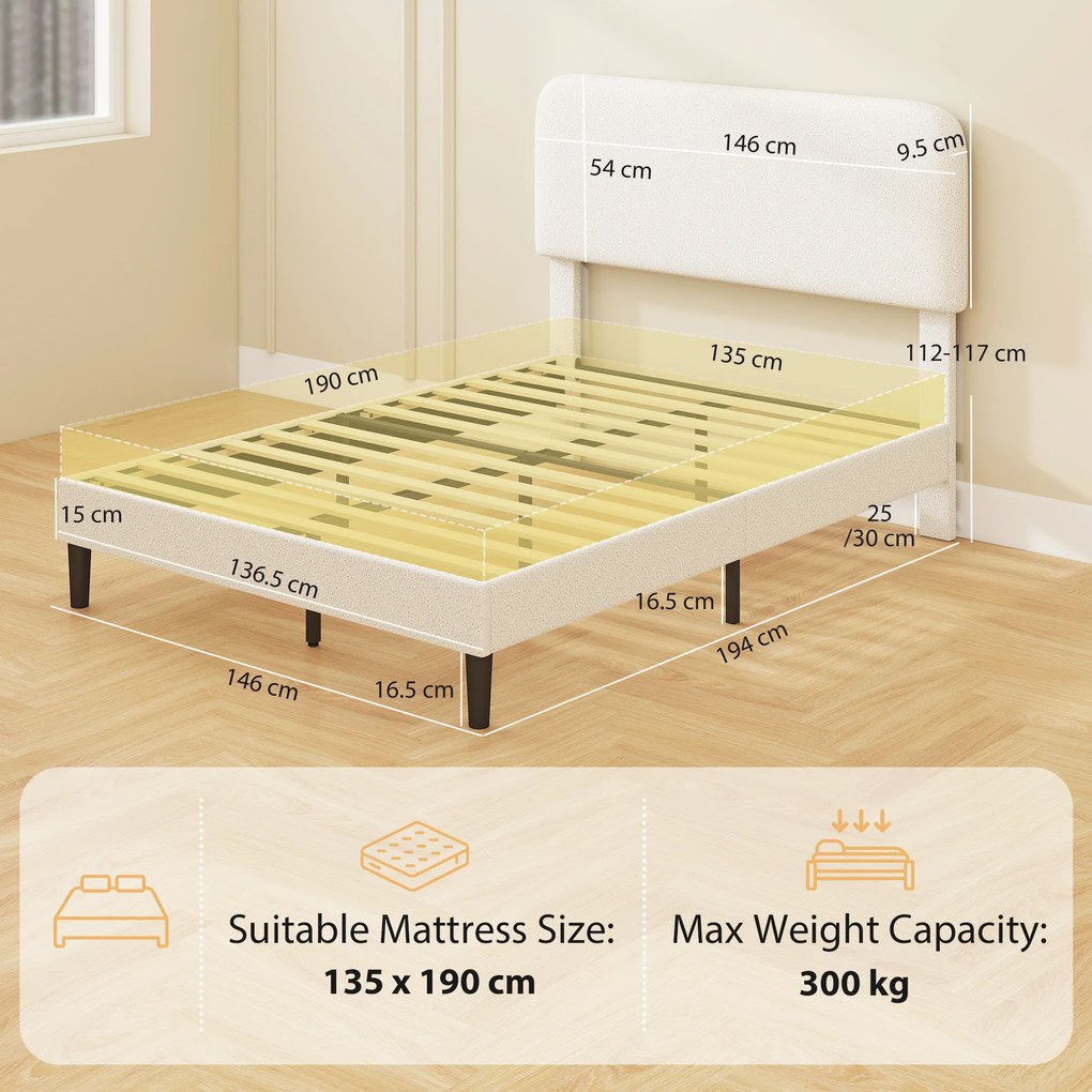 HOMCOM Cadru de pat dublu cu tăblie reglabilă pe înălțime tapițat cu blăniță sherpa șipci de susținere alb | Aosom Romania