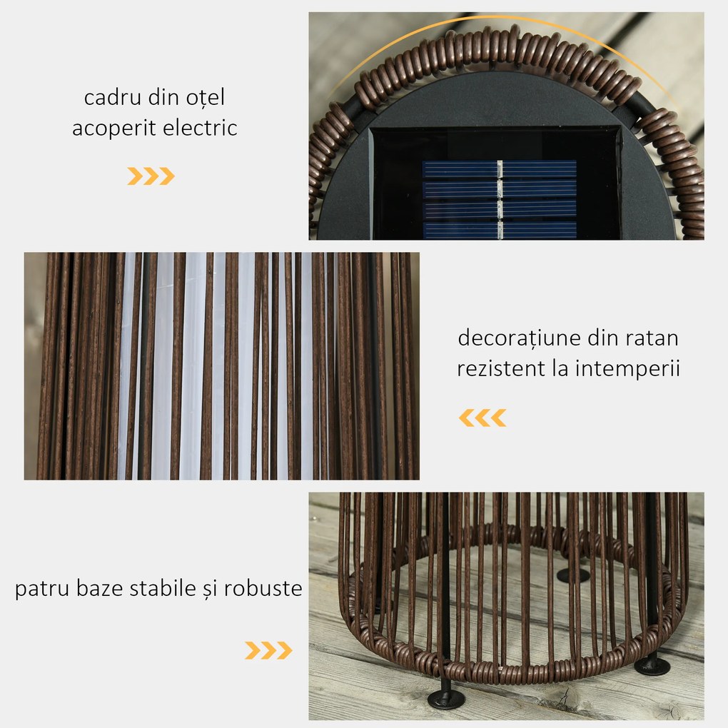 Outsunny Lanternă Solară de Grădină cu Panou de Încărcare, Lampă solară de Exterior din Metal și Ratan, Ø21.5x61 cm, Maro | Aosom Romania