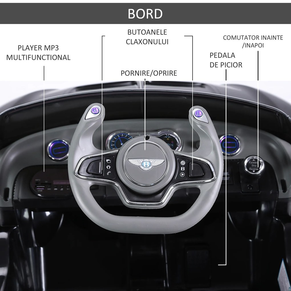 HOMCOM Mașină Electrică pentru Copii cu 2 Portiere, Bentley, Conducere manuală sau cu Telecomandă 108x60x43 cm, Negru | Aosom Romania