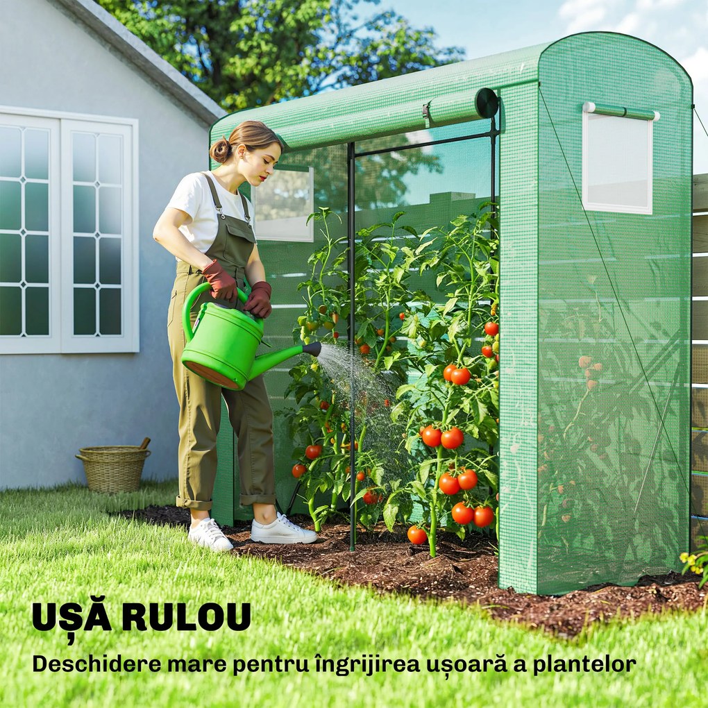 Outsunny Seră de balcon cu ușă rulabilă și 2 ferestre din plasă, seră pentru legume cu structură din oțel și husă PE, 200x75x188 cm, verde | Aosom Romania