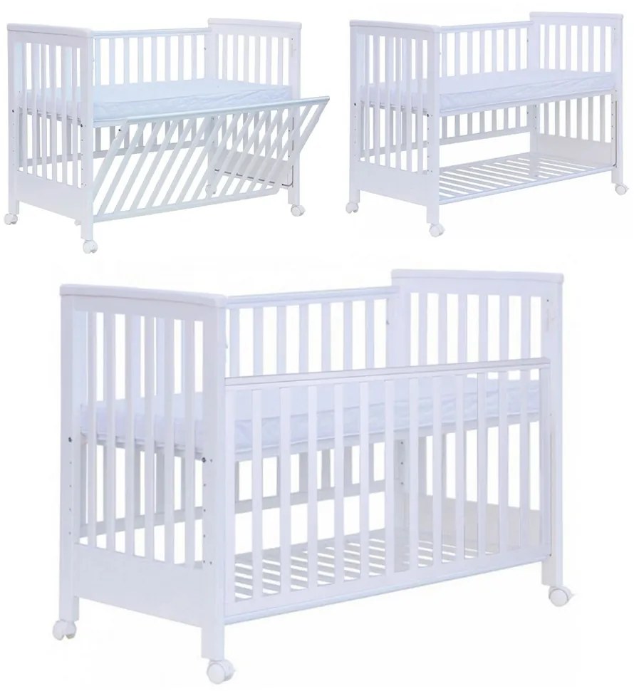 Patut co-sleeping 120x60 cu laterala culisanta total si roti Treppy Dreamy Plus, integral din lemn masiv fag, reglabil pe 5 nivele, include sistem de ancorare, certificat TUV, EN716-1, EN716-2, culoare alb