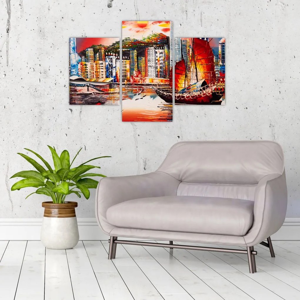 Tablou - Victoria Harbour, Hong Kong, pictură în ulei (90x60 cm)