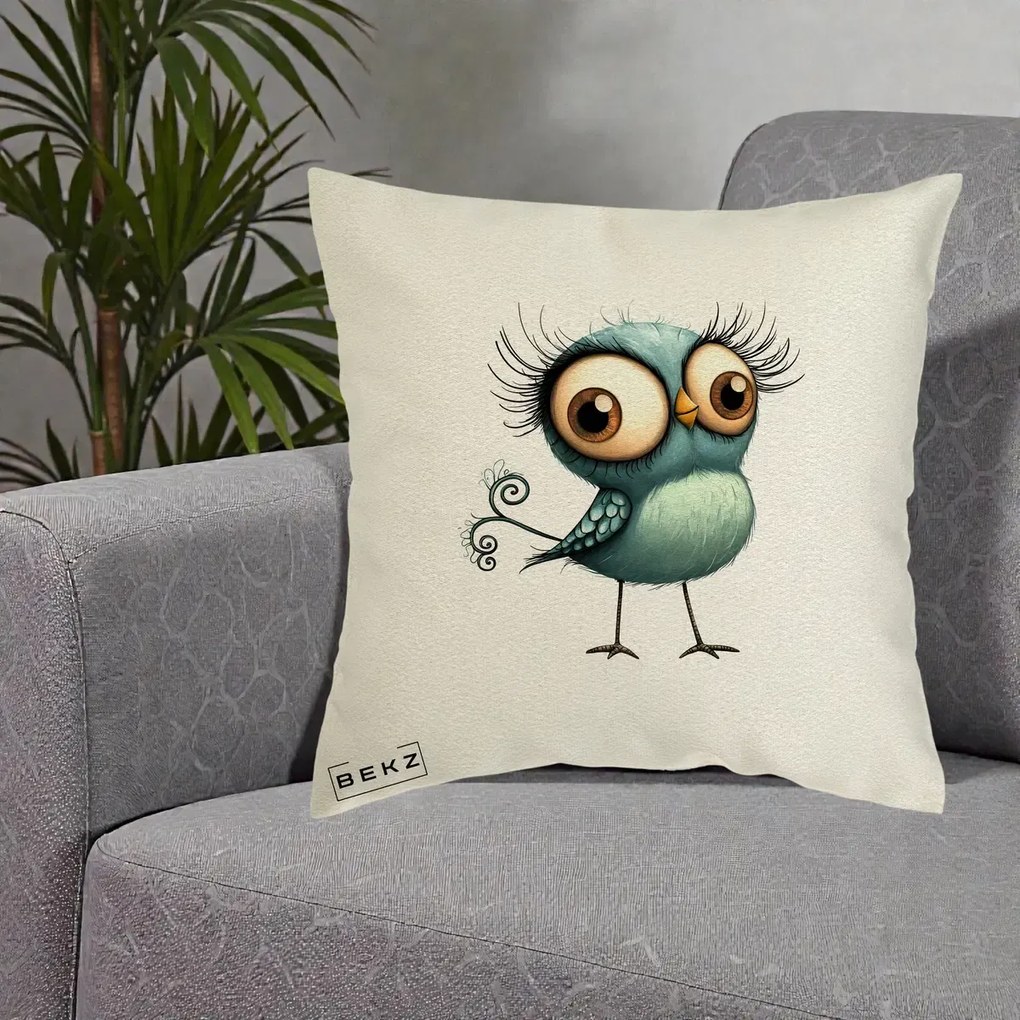 Perna Decorativa Pasare Teal cu Gene si Coada Spiralata, 40x40 cm, Ecru, Husa Detasabila, Perna Inclusa, BEKZ®