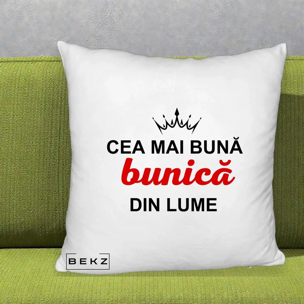 Cadou pentru Bunica - Perna Personalizata Cea Mai Buna Bunica Din Lume Coroana Neagra, 40x40 cm, Alb Pufos, Husa Detasabila, Perna Inclusa, BEKZ®