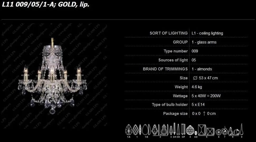 Lustra cu 5 brate, cristal Bohemia L11 009/05/1-A
