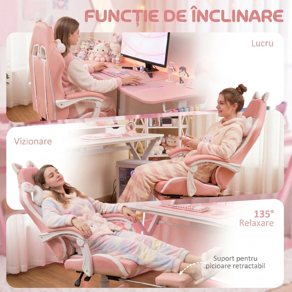 HOMCOM Scaun de Gaming Ergonomic cu Urechi de Pisică, Suport pentru Picioare și Suport Lombar, 65x62x116-124 cm, Roz | Aosom Romania