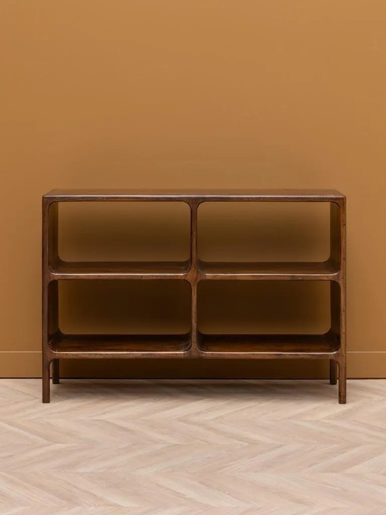 Consolă din lemn de mango, cu 4 rafturi, maro antichizat, finisaj satinat, 111.5×35.5×76.5 cm, „Kwarto"