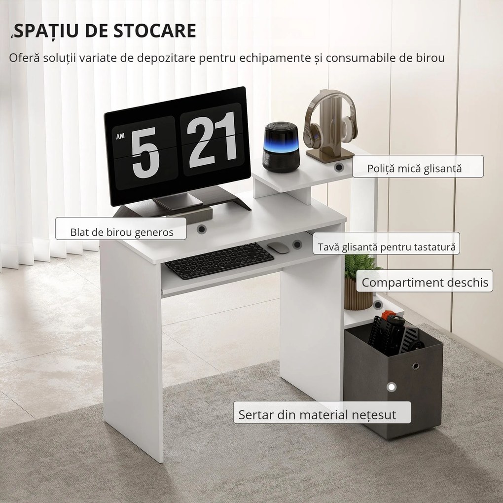 HOMCOM Birou Modern pentru PC cu Etajeră, Suport pentru Tastatură, Blat şi Sertar din Ţesătură, 100x40x86.6 cm, Alb | Aosom Romania