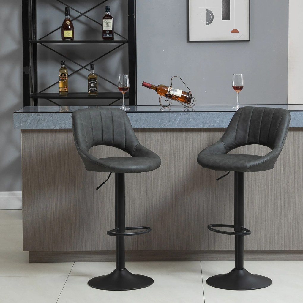 Set 2 Scaune de bar HOMCOM, Inaltime reglabila, Piele sintetica, Metal, 44x49x90-110cm Negru | Aosom Romania