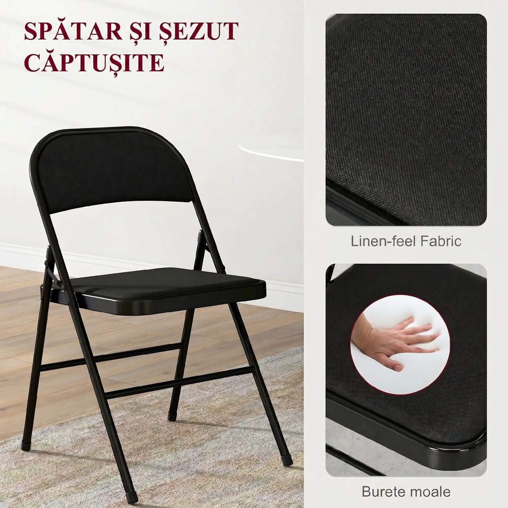 HOMCOM Set de 4 Scaune Pliabile, Scaune Moderne cu Perne din Poliester pentru Acasă și Birou, 45x46x78 cm, Negru | Aosom Romania