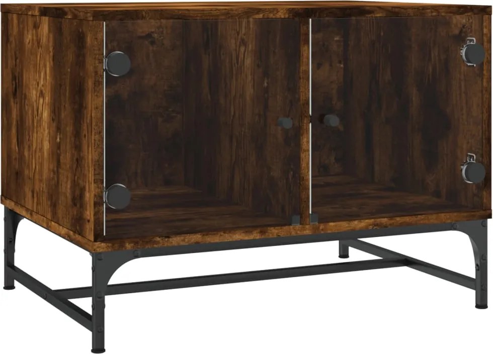 vidaXL Măsuță de cafea cu uși din sticlă, stejar fumuriu, 68,5x50x50cm