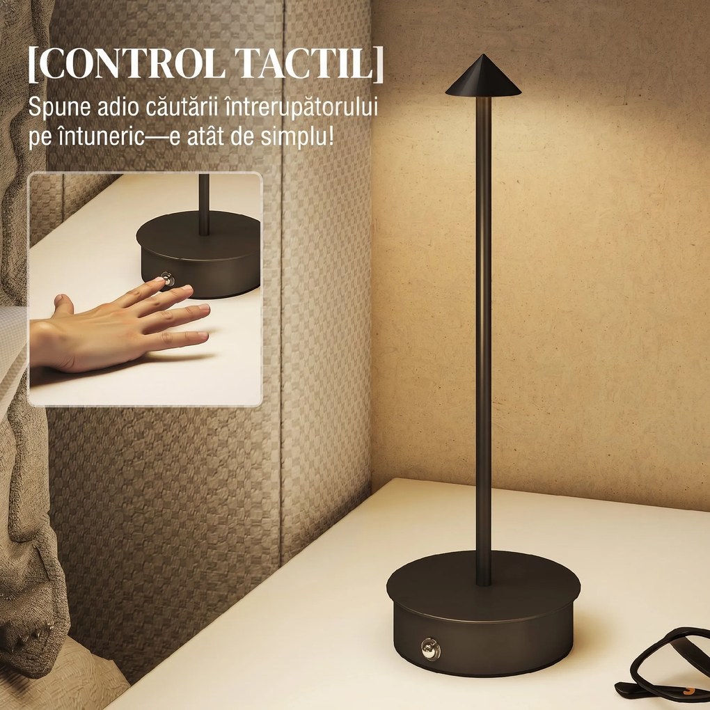 HOMCOM Lampă de Masă Reîncărcabilă cu USB, Lampă Fără Fir cu Temperatura Culorii Reglabilă 3000K/4500K/6500K, Control Tactil, Autonomie 4-8 Ore, Negru | Aosom Romania
