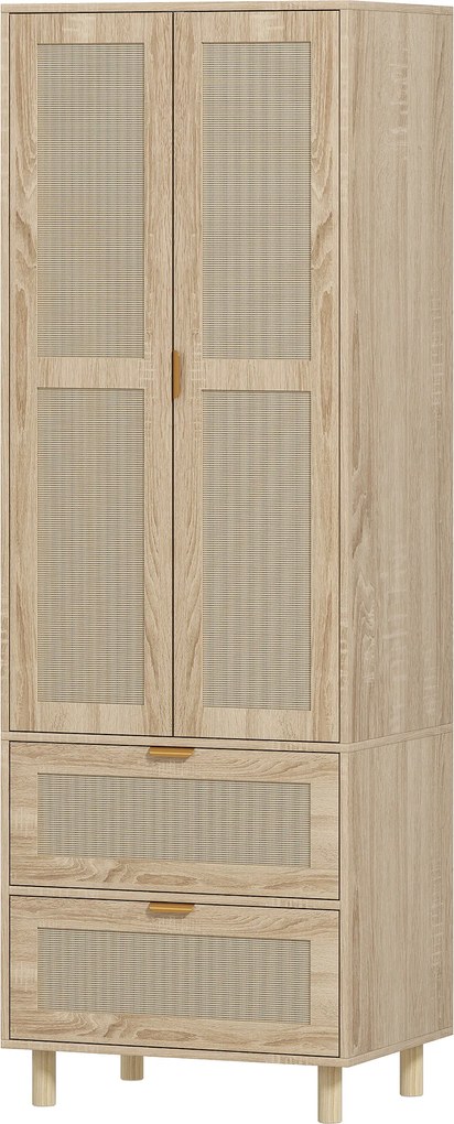 HOMCOM Dulap de dormitor cu 2 uși din ratan, 2 sertare și bară de agățat, 63 x 47 x 185 cm, lemn natural | Aosom Romania