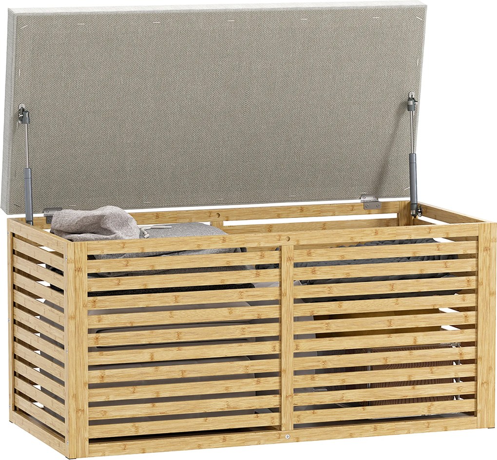 HOMCOM Bancă de depozitare, cufăr tapițat din material cu aspect de in, capac și structură din bambus, gri și lemn natural | Aosom Romania