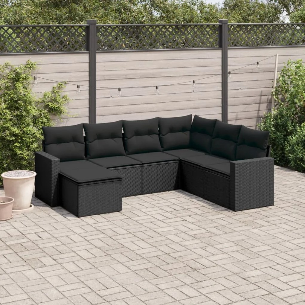 vidaXL Set canapele de grădină cu perne, 7 piese, negru, poliratan