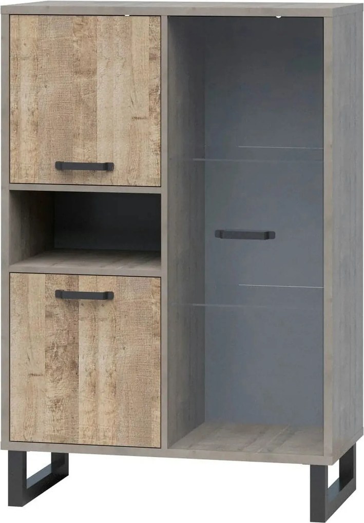 Vitrina BARI, gri/stejar, PAL laminat/sticla/metal, 90x45x134 cm