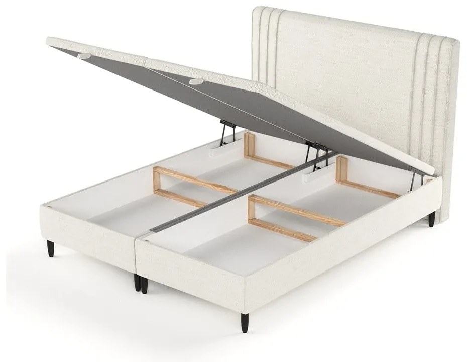 Pat matrimonial bej tapițat cu spațiu de depozitare 160x200 cm Musca – Maison de Rêve