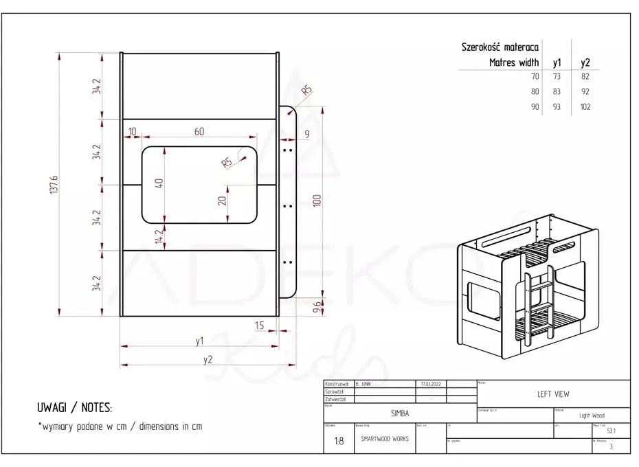 Pat supraetajat pentru copii 70x160 cm Simba - Adeko