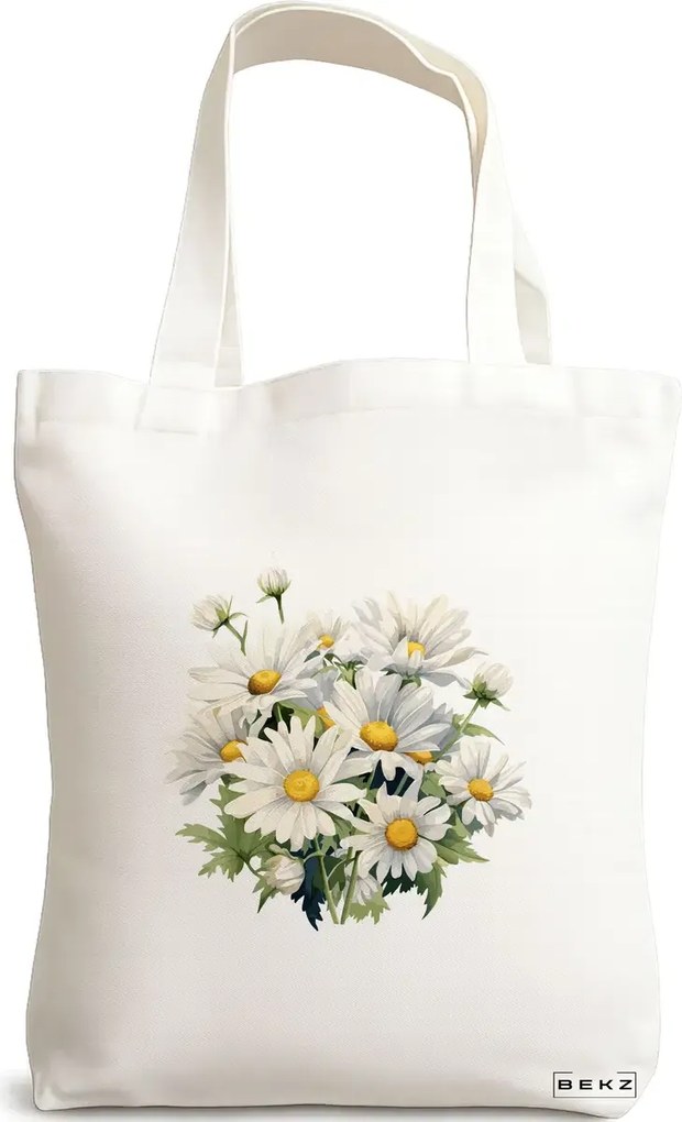 Sacosa de Panza pentru Cumparaturi, Geanta Tote, model Flower Bouquet 1, 38 x 34.5 cm, Alba, BEKZ®