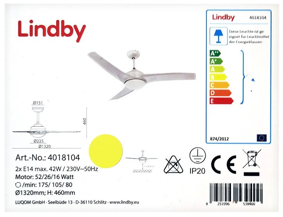 Ventilator de tavan EMANUEL 2xE14/42W/230V Lindby + telecomandă