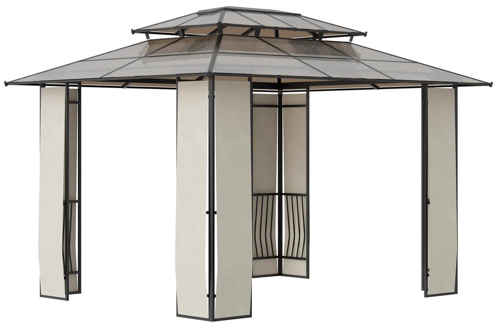 Outsunny Pavilion gradina 3.7x3mPergola cu acoperis rigid din policarbonat din cadru metalic cu acoperis dublu pentru gradina, veranda, Maro
