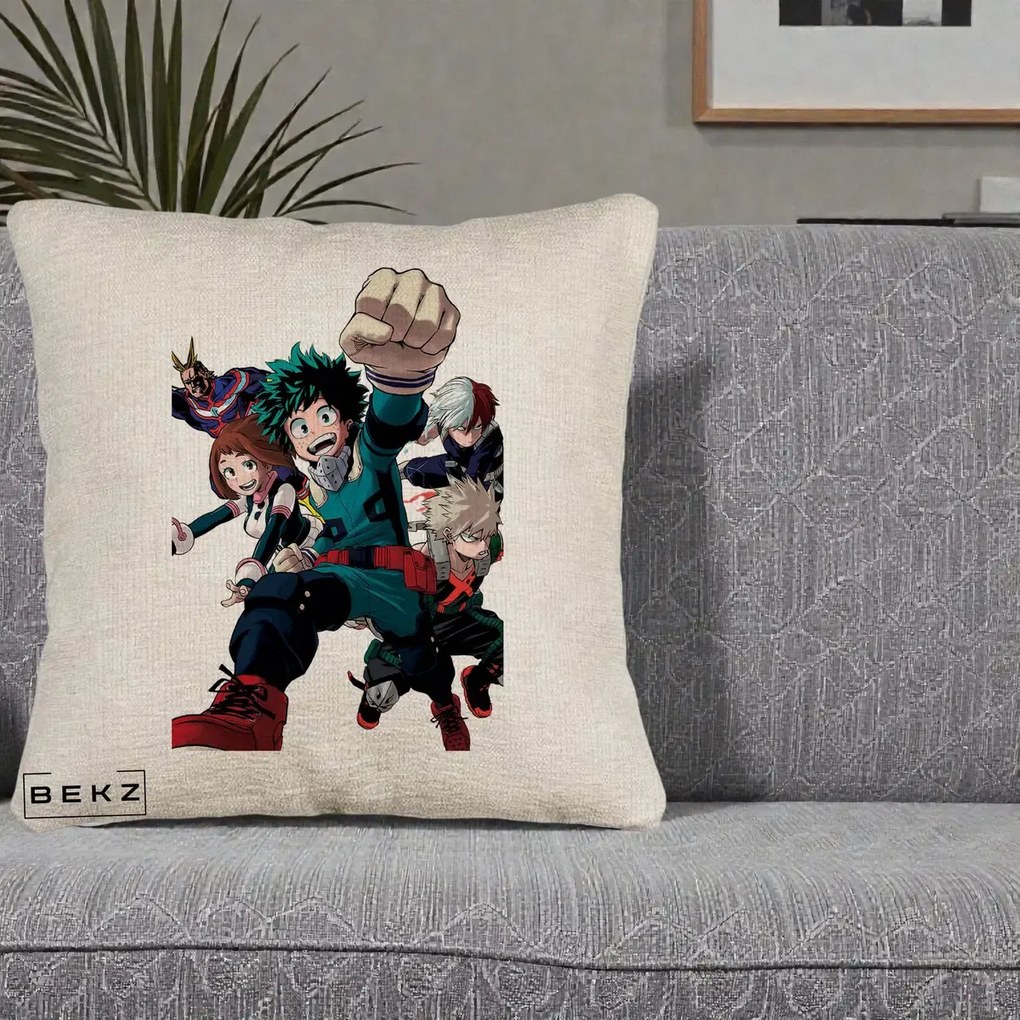 Perna Personalizata My Hero Academia Izuku Deku si Echipa, 40x40 cm, Bej Canapea, Husa Detasabila, Perna Inclusa, BEKZ®