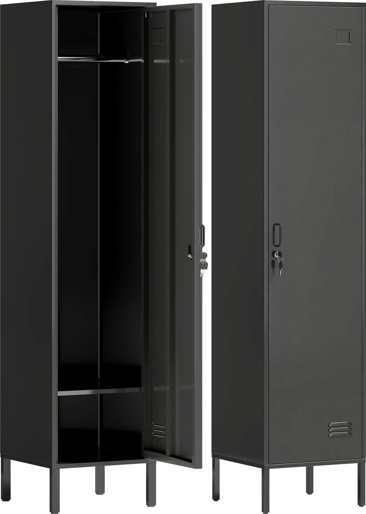HOMCOM Spind metalic cu ușă închisă cu cheie și bară pentru haine, spind metalic individual pentru acasă sau birou, Negru | Aosom Romania