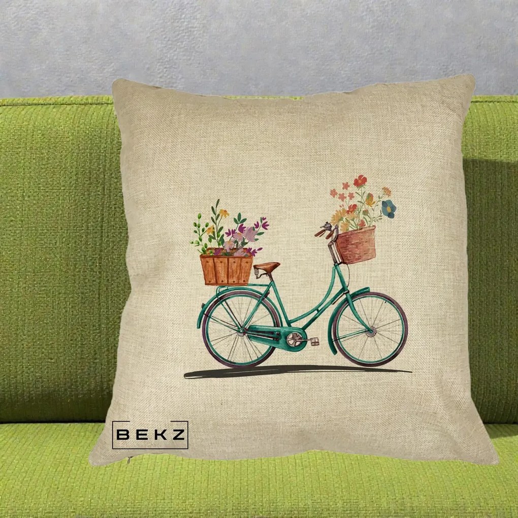 Perna Decorativa Bicicleta Florala Turcoaz Acuarela, 40x40 cm, Crem, Husa Detasabila, Perna Inclusa, BEKZ®